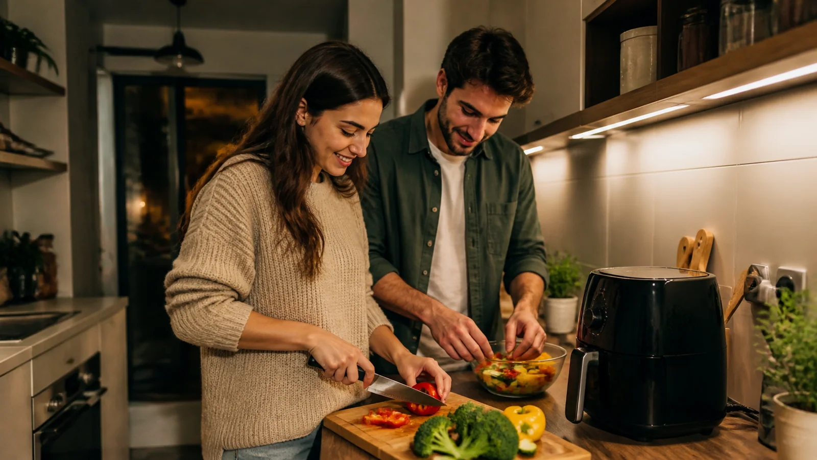 Couple preparing vegetables with a compact air fryer