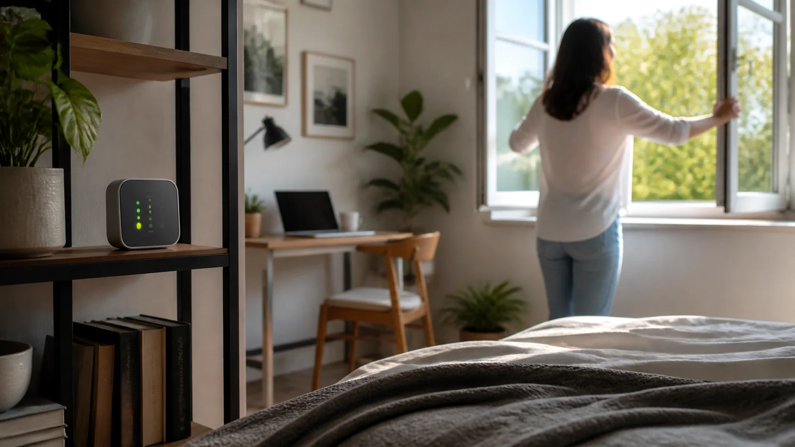 Air quality monitor on a bedroom shelf near an open window