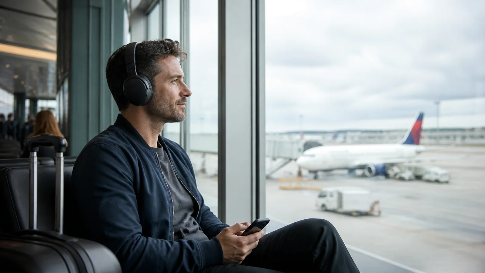 Traveler wearing over-ear headphones by an airport window