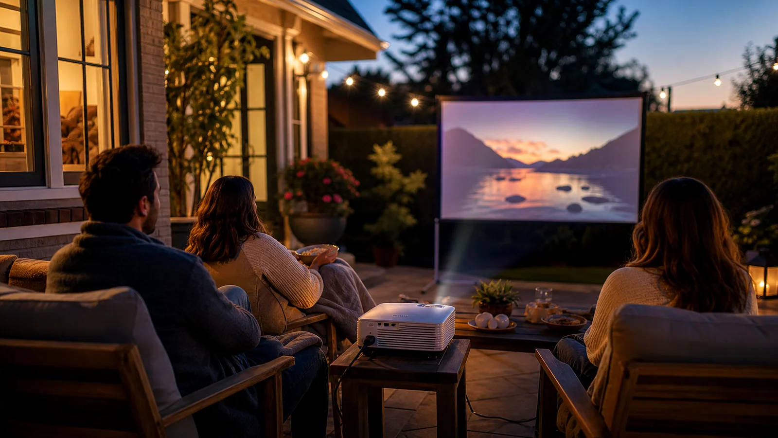 Friends watching a backyard movie projected onto an outdoor screen