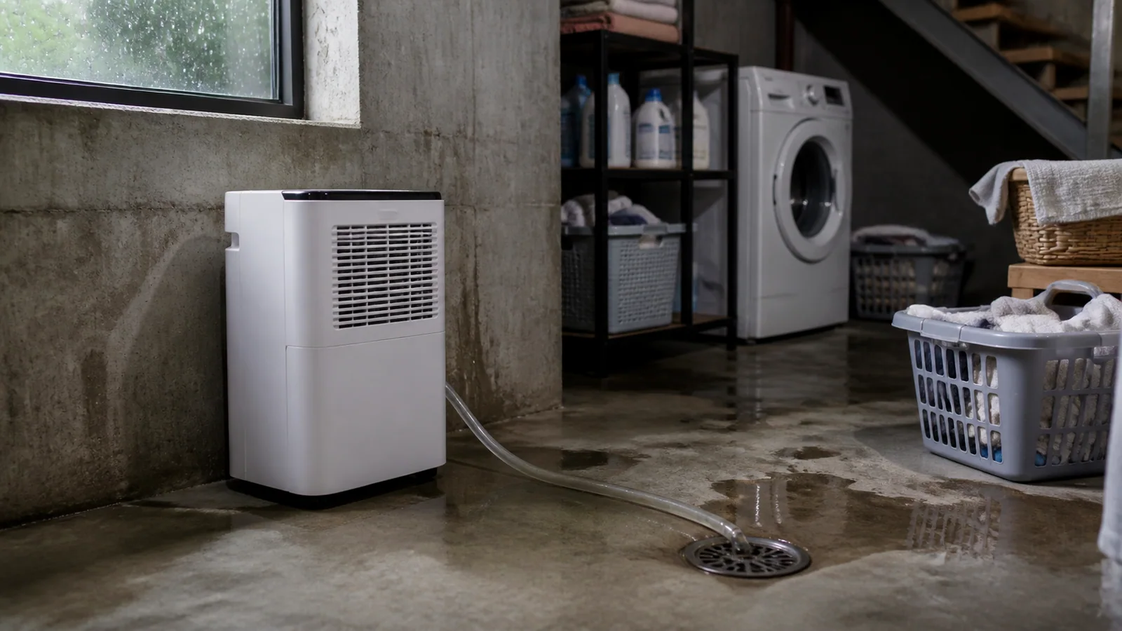 Dehumidifier operating in a tidy basement laundry area