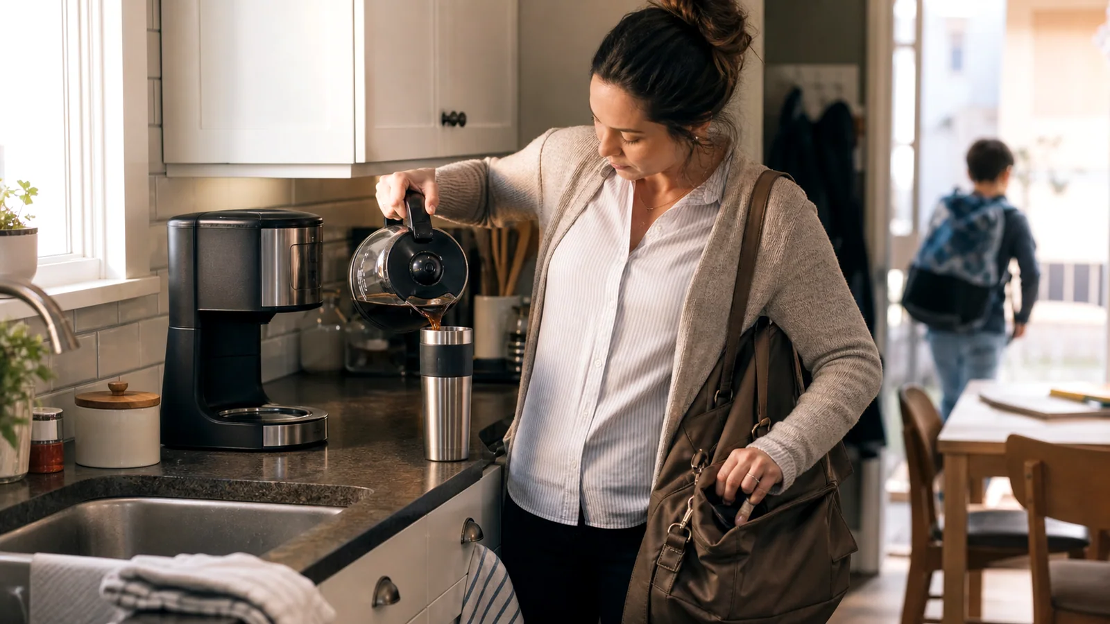 Person pouring coffee in a busy morning kitchen