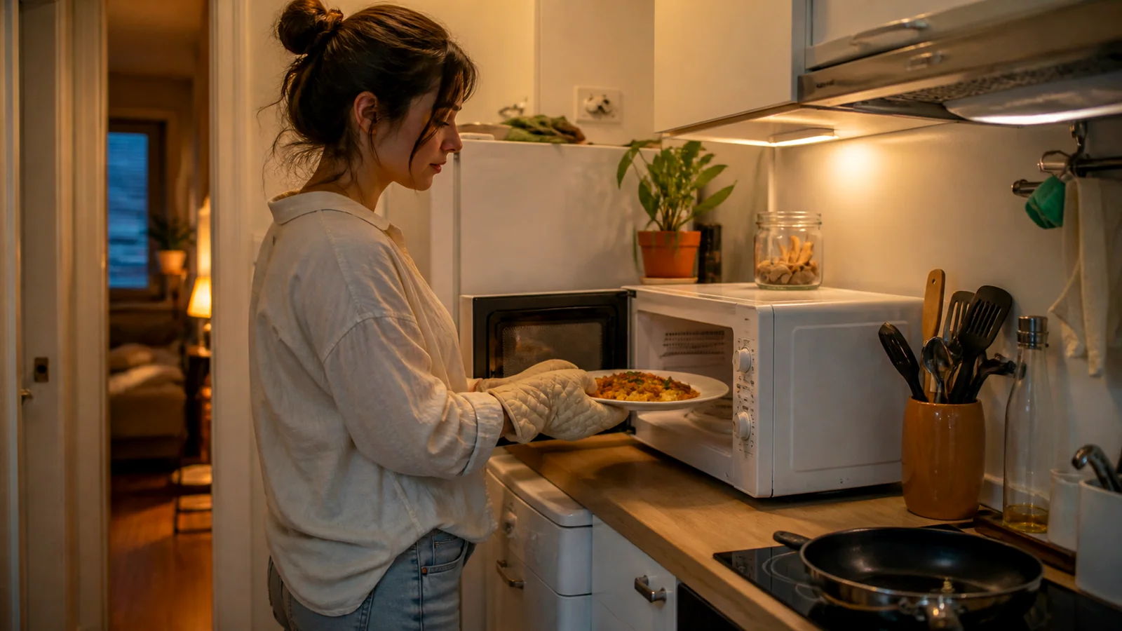 Compact microwave in a small apartment kitchen