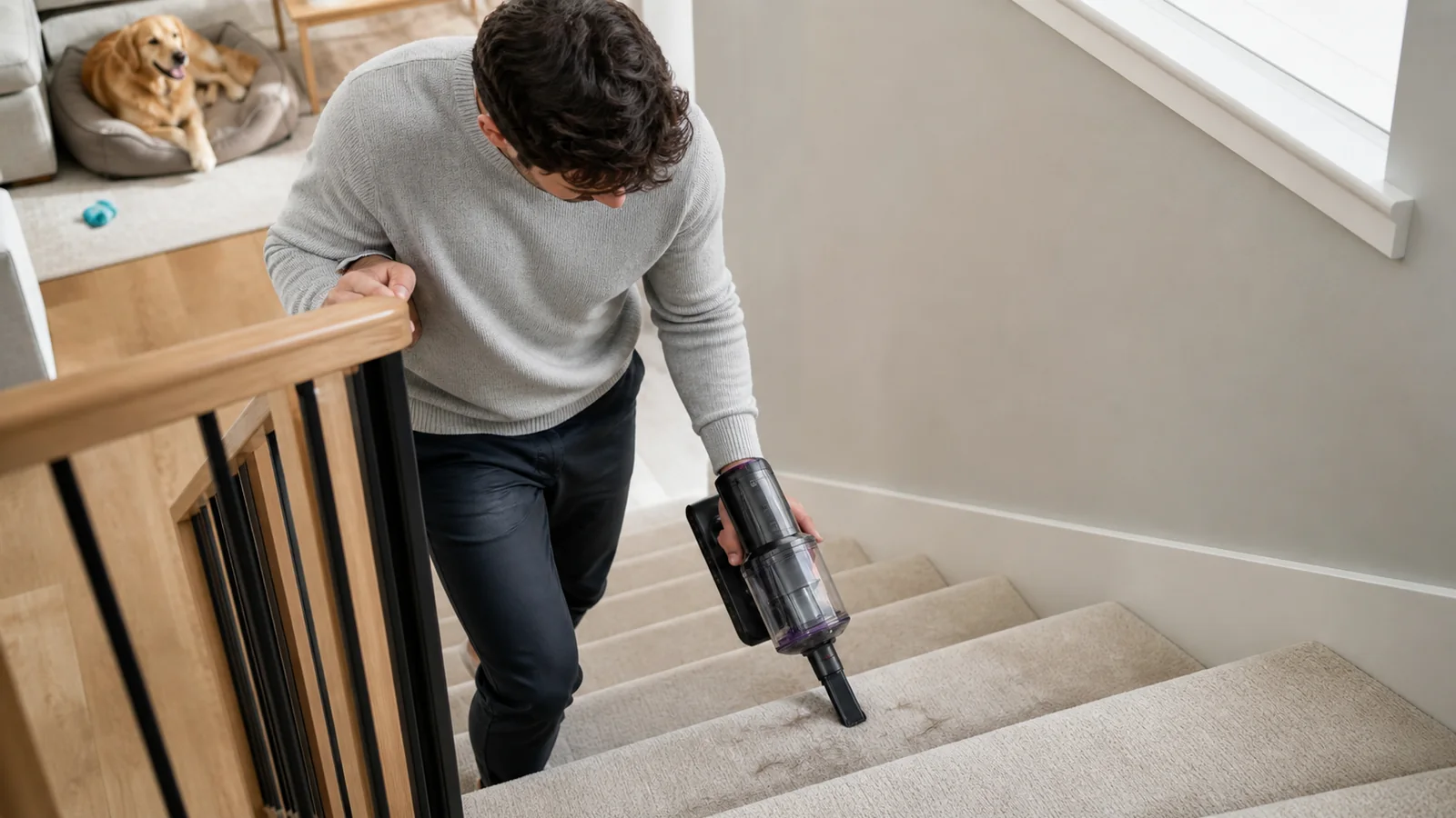 Person using a cordless vacuum on a staircase