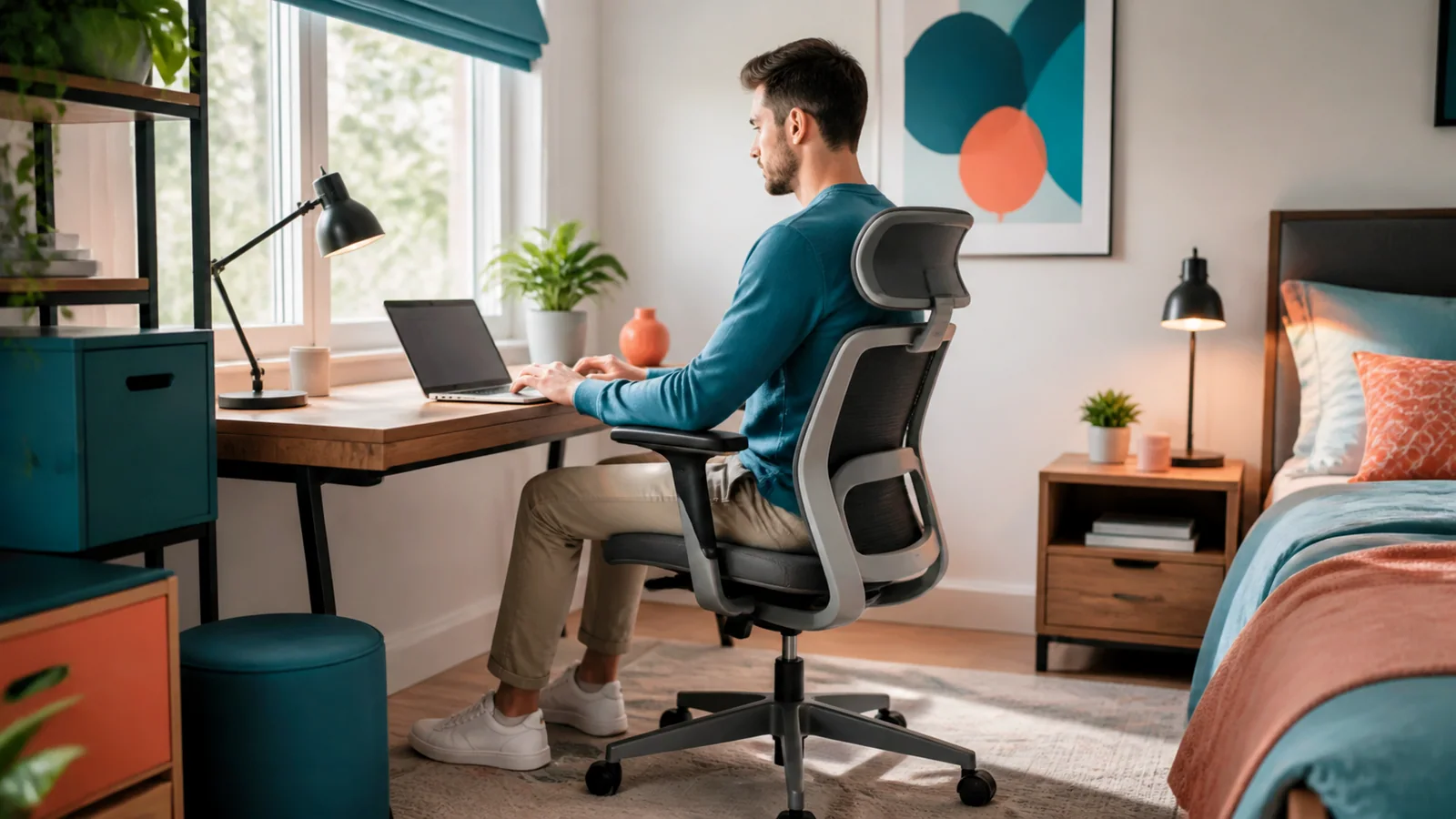 Comfortable desk chair in a tidy bedroom home office