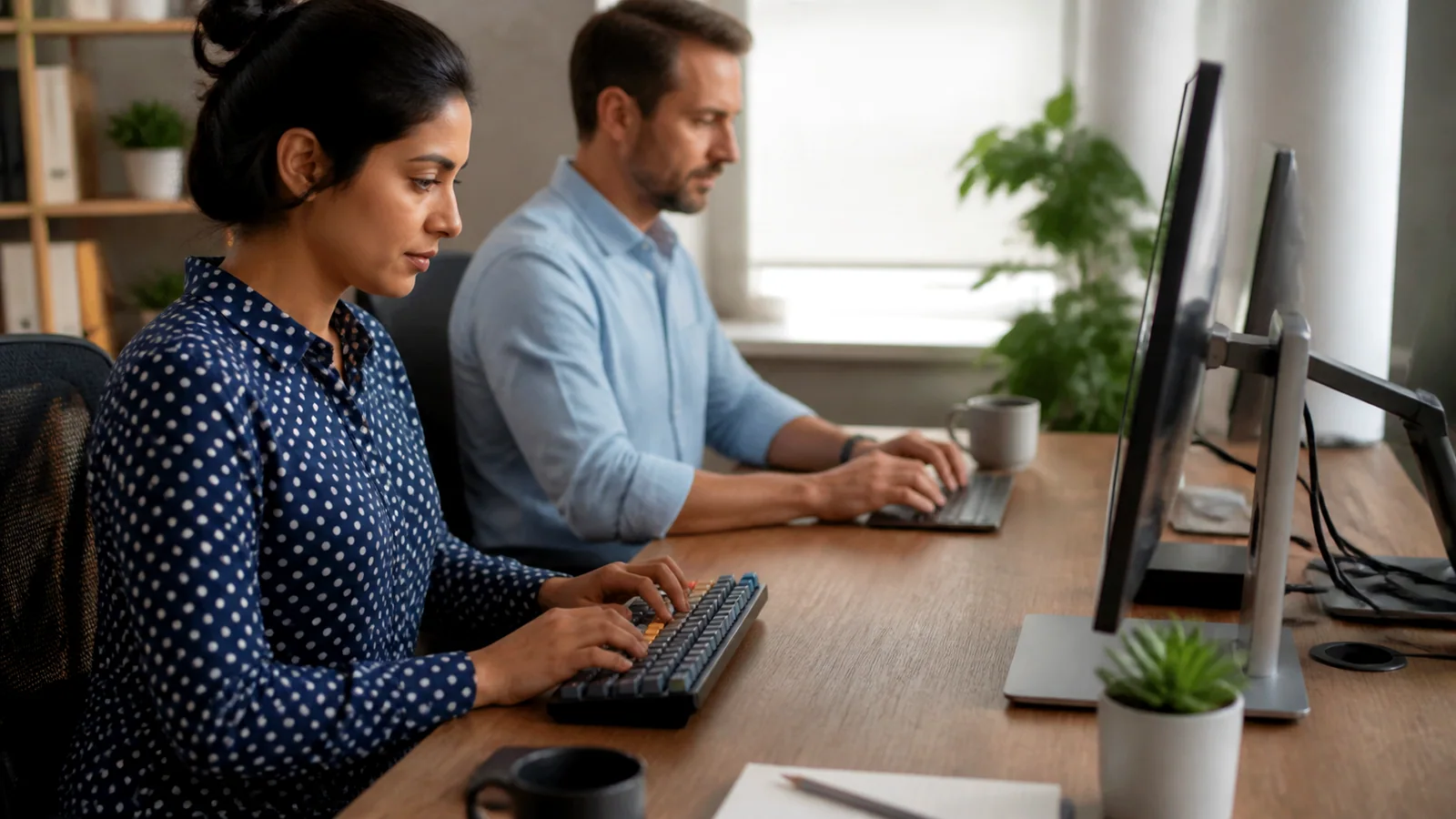 Two people working at separate desktop monitors in a shared home office