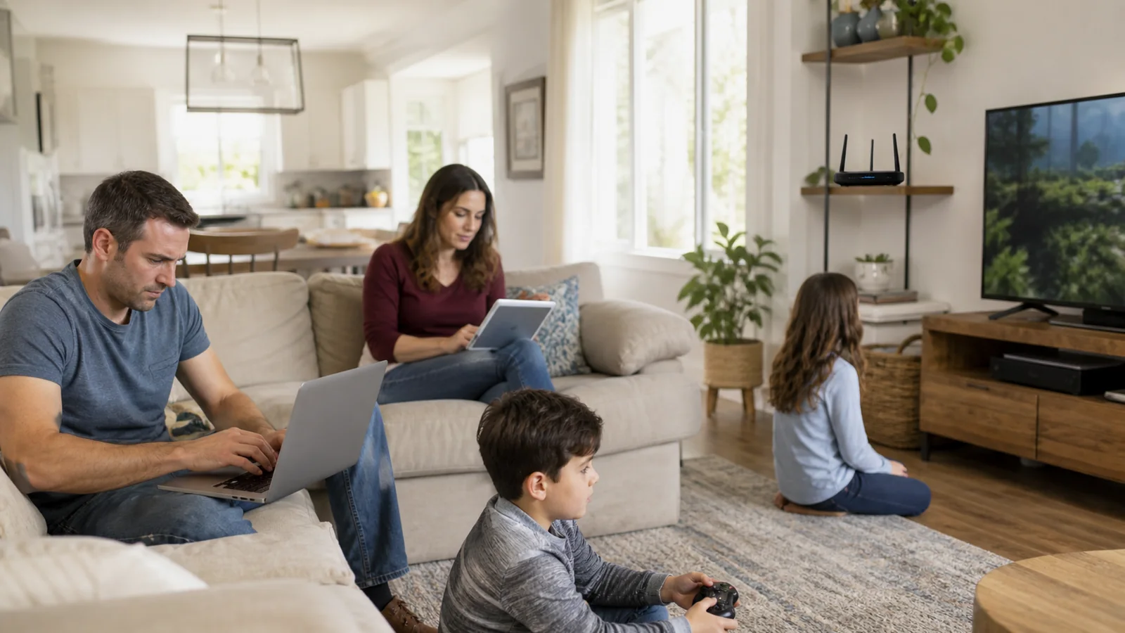 Family using connected devices in a bright living room