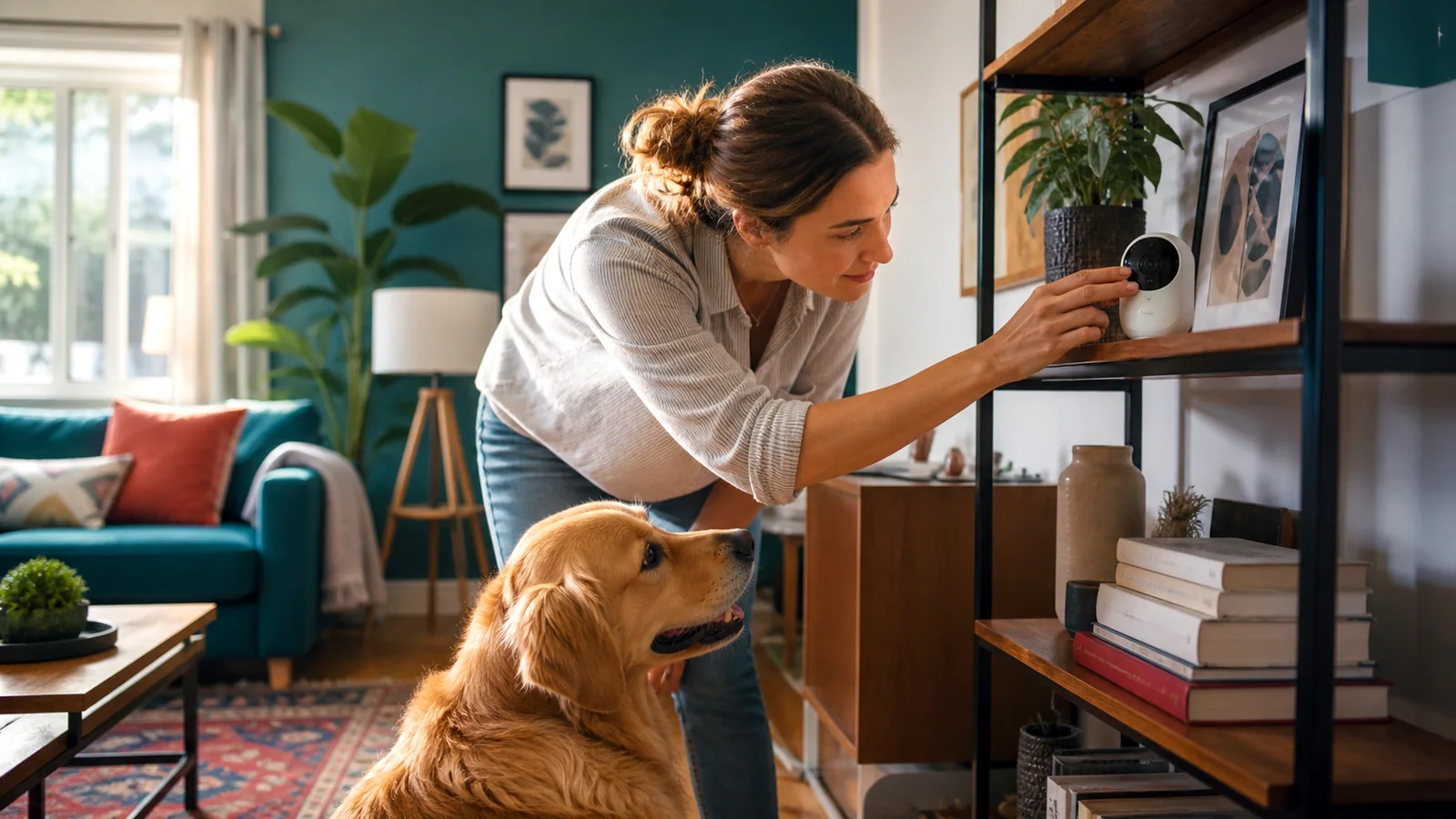 Pet owner checking an indoor camera placed in a living room