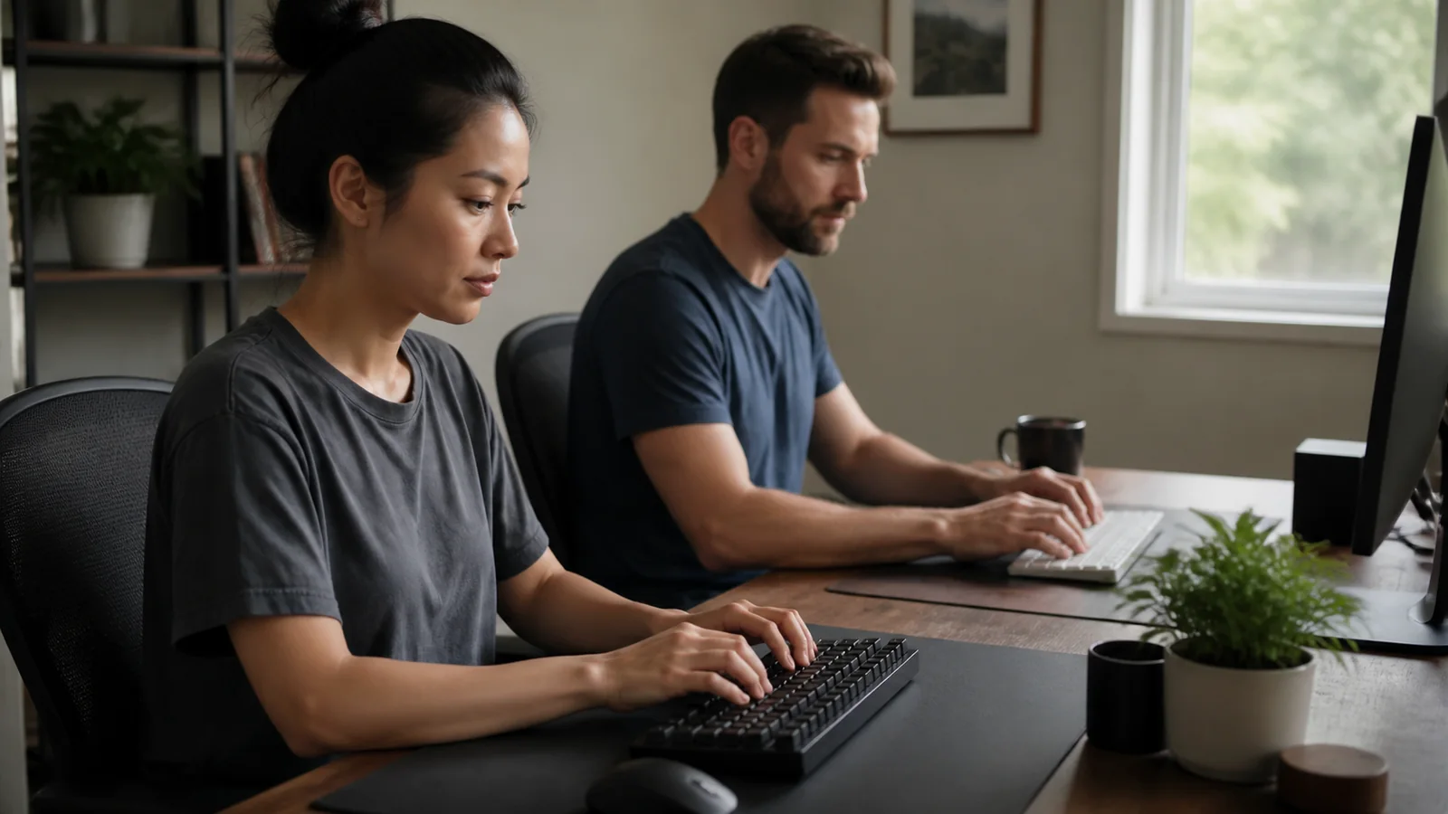 Two compact keyboards on a shared home-office desk