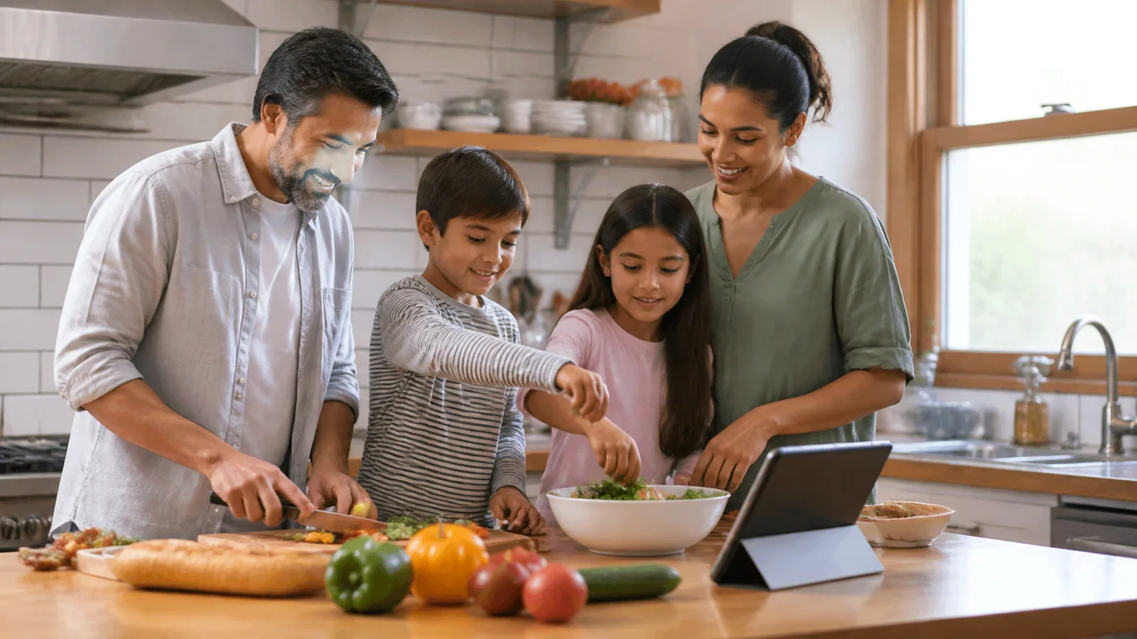 Family using a tablet as a kitchen command center while preparing dinner