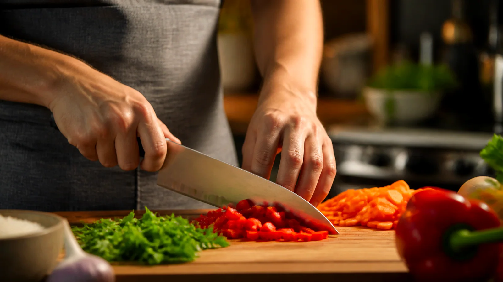 Home cook chopping vegetables with a chef knife for dinner