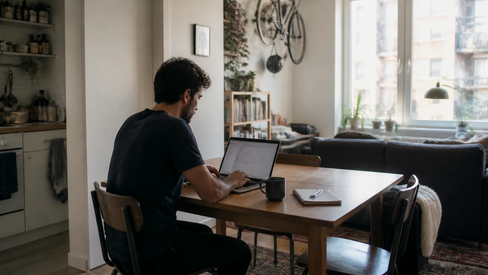 A remote worker using a laptop at a compact apartment dining table