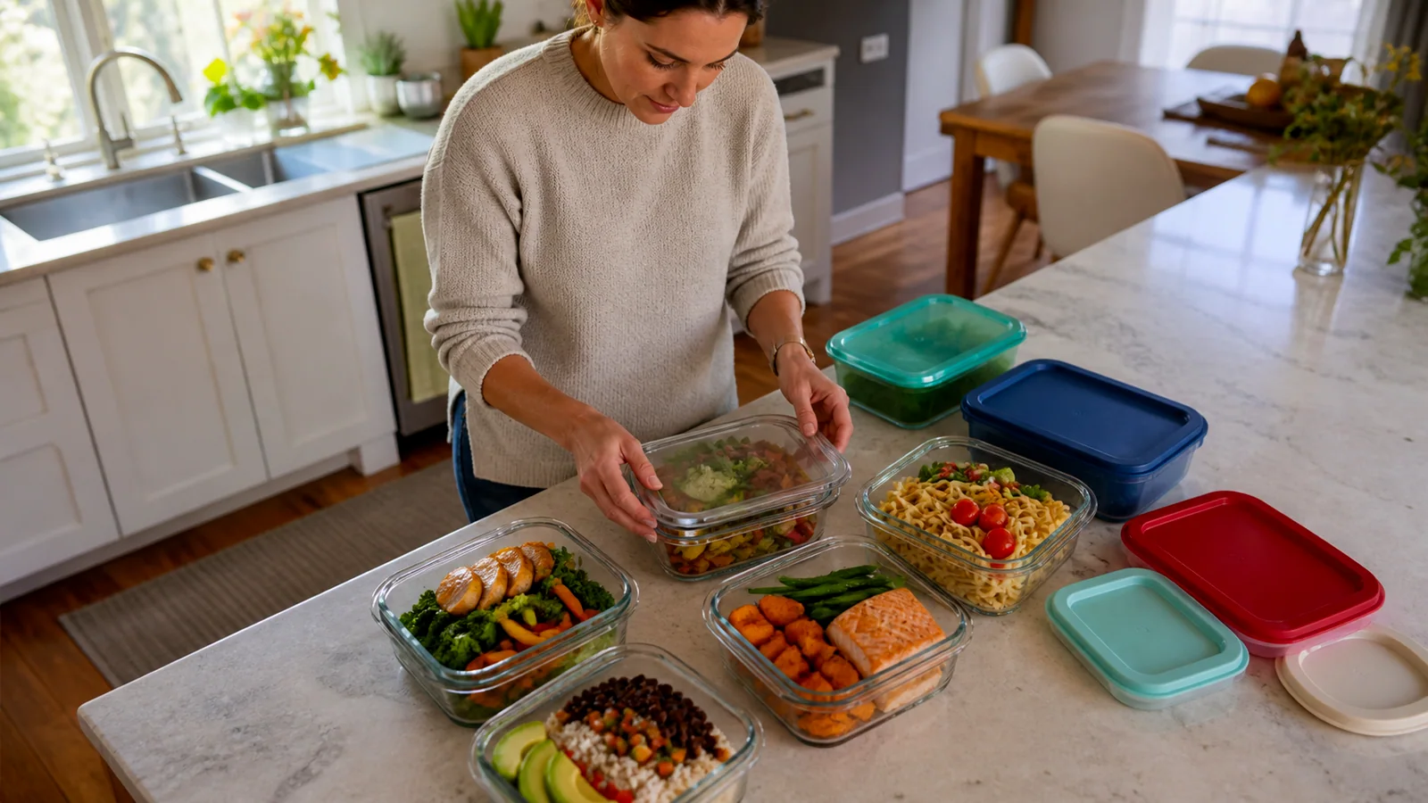 Meal-prep containers filled with colorful lunches on a kitchen counter