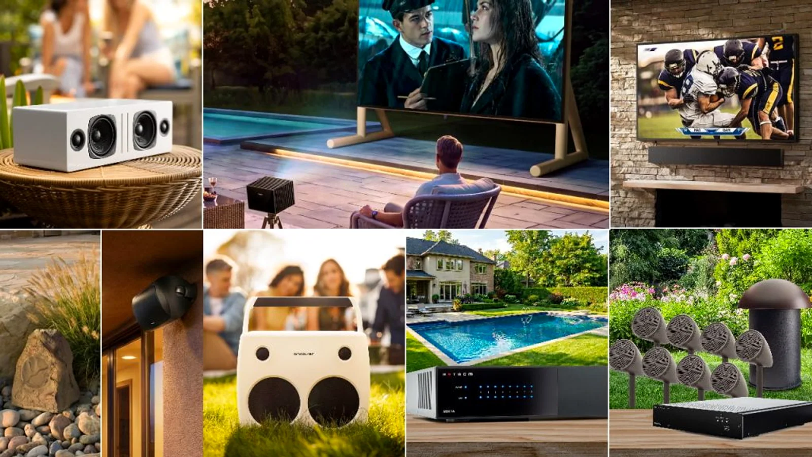 A visual selection of outdoor speakers, projectors, screens, and backyard entertainment equipment