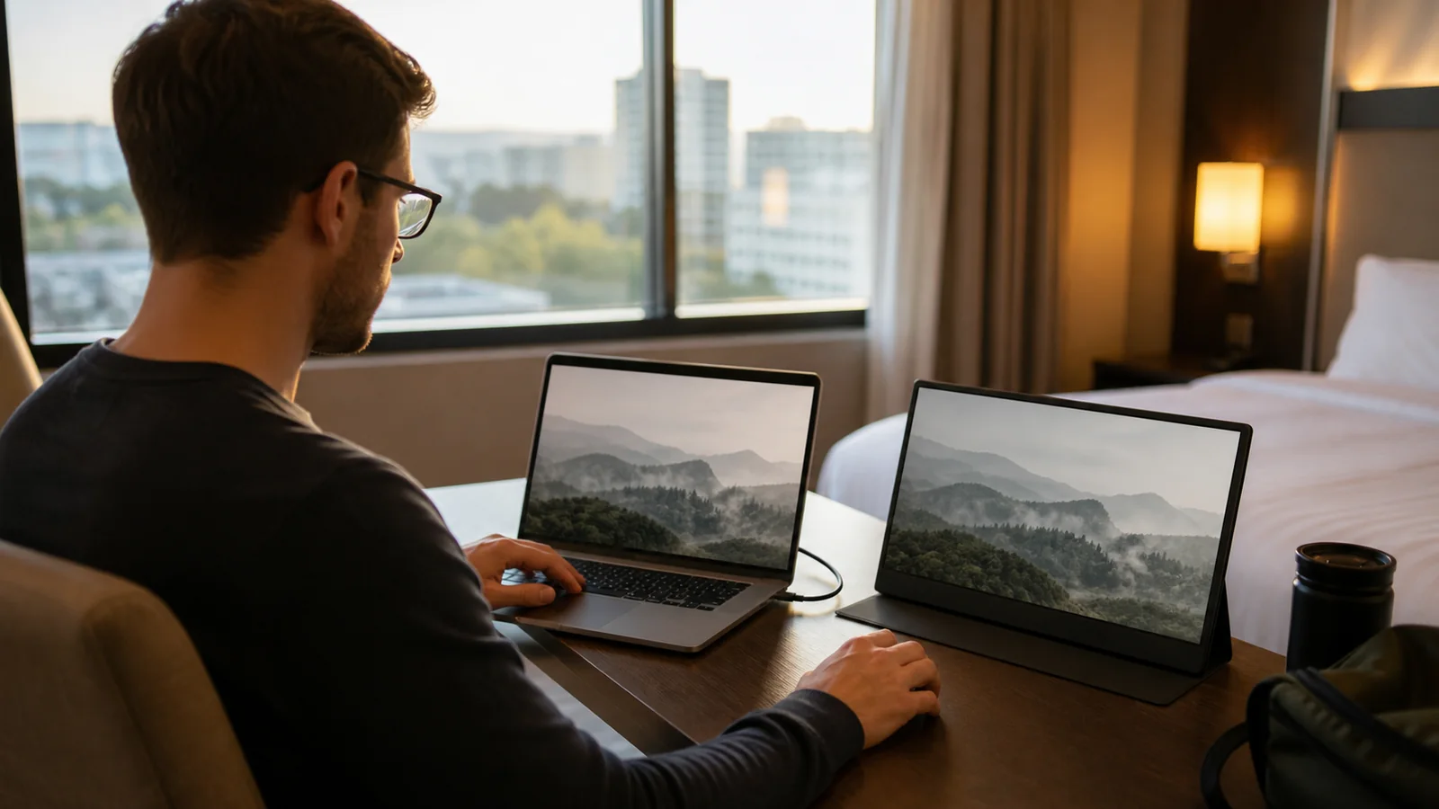 Portable monitor set up next to a laptop on a hotel desk