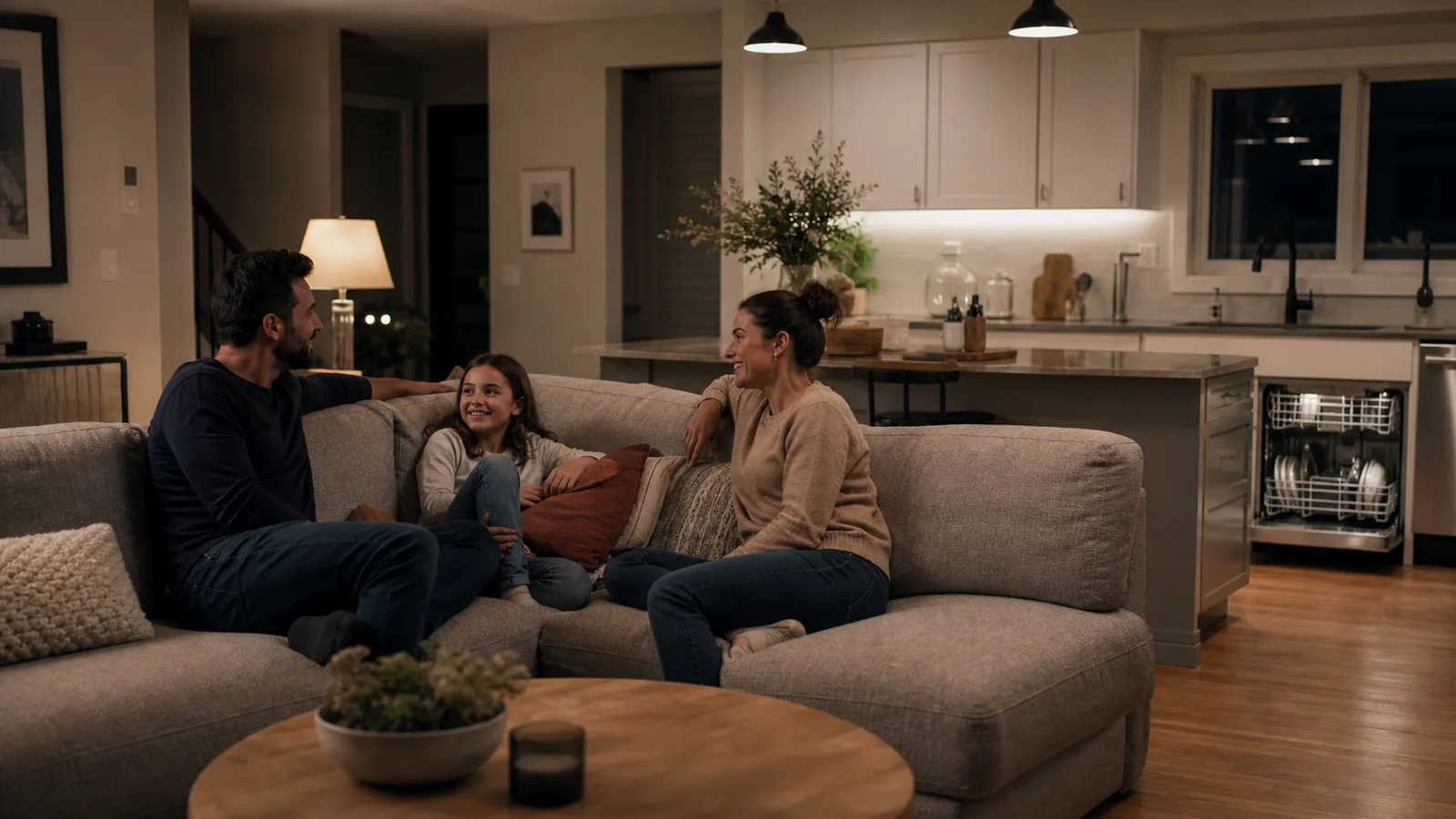Family relaxing near an open-plan kitchen with a dishwasher running
