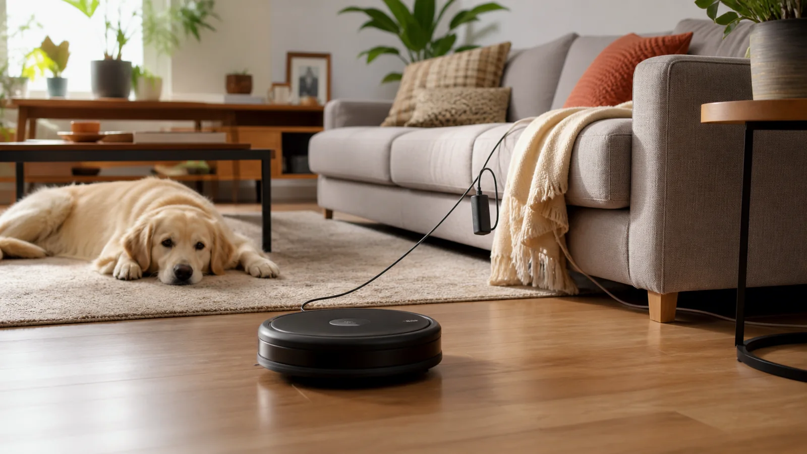 Robot vacuum cleaning a living room while a dog rests nearby