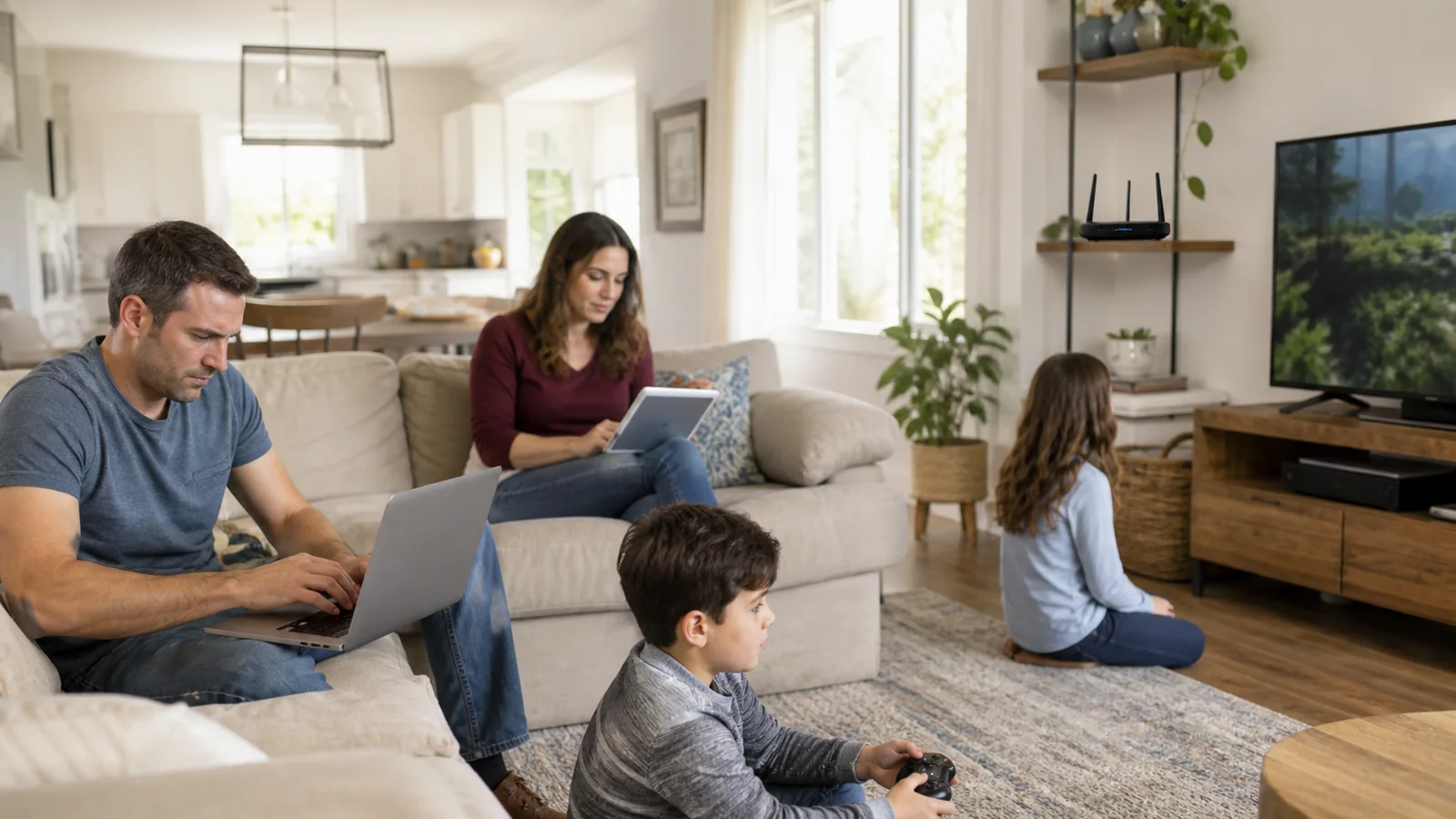 Smart home hub and phone on a family room console