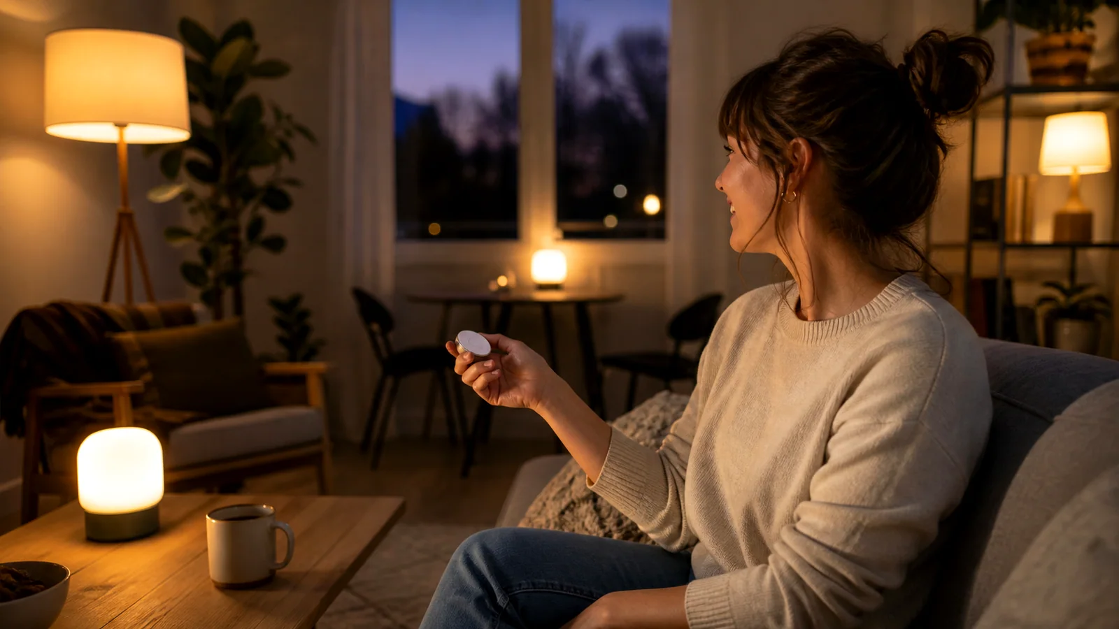 Renter adjusting warm smart lighting in an apartment living room