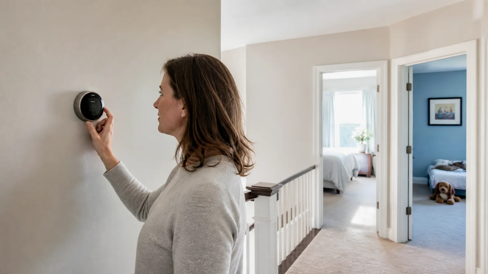 Homeowner adjusting a smart thermostat in a hallway