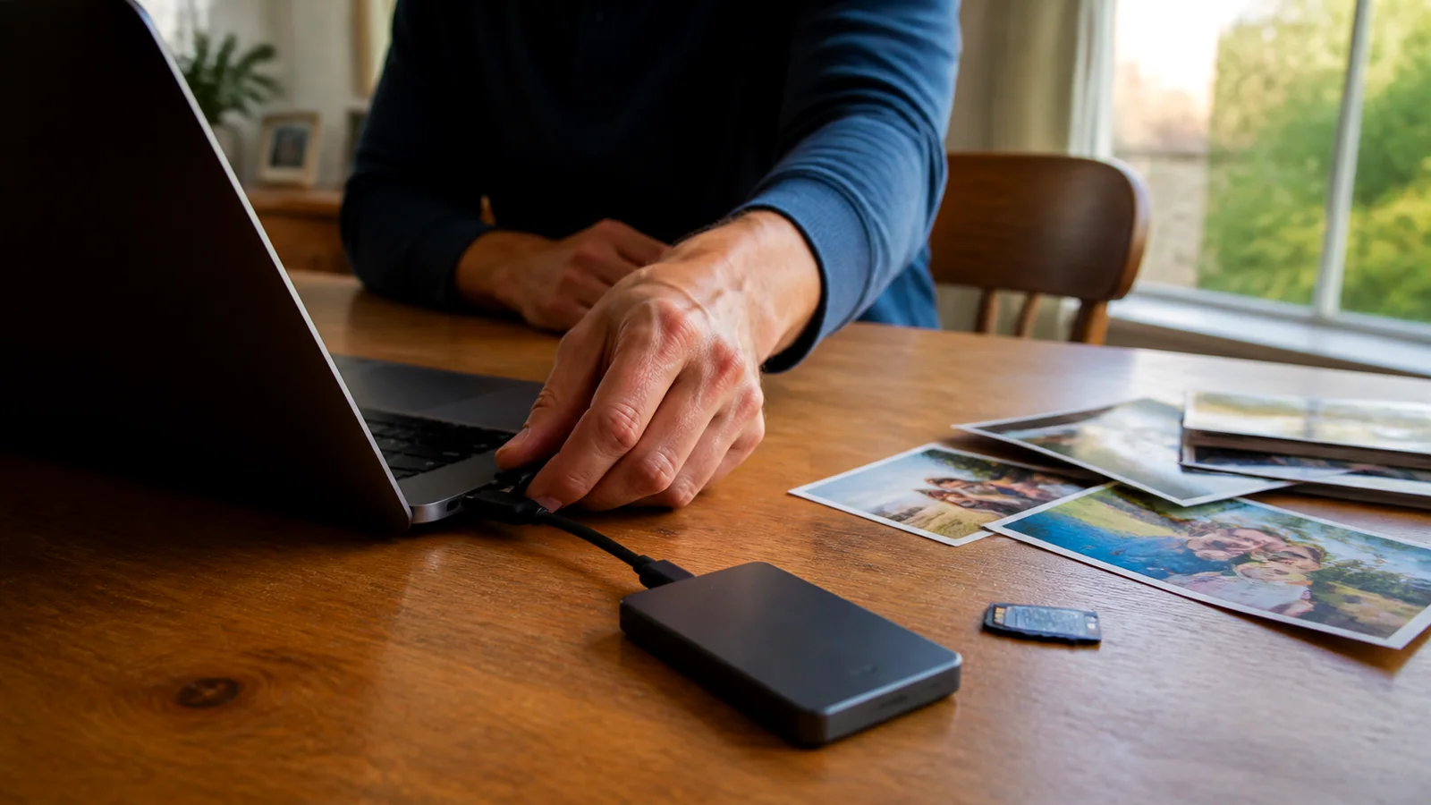 Parent backing up family photos from a laptop to an external SSD