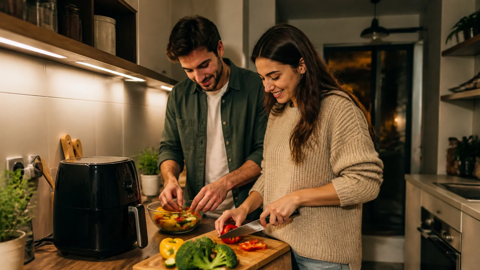 Family preparing a sheet-pan meal in a countertop toaster oven