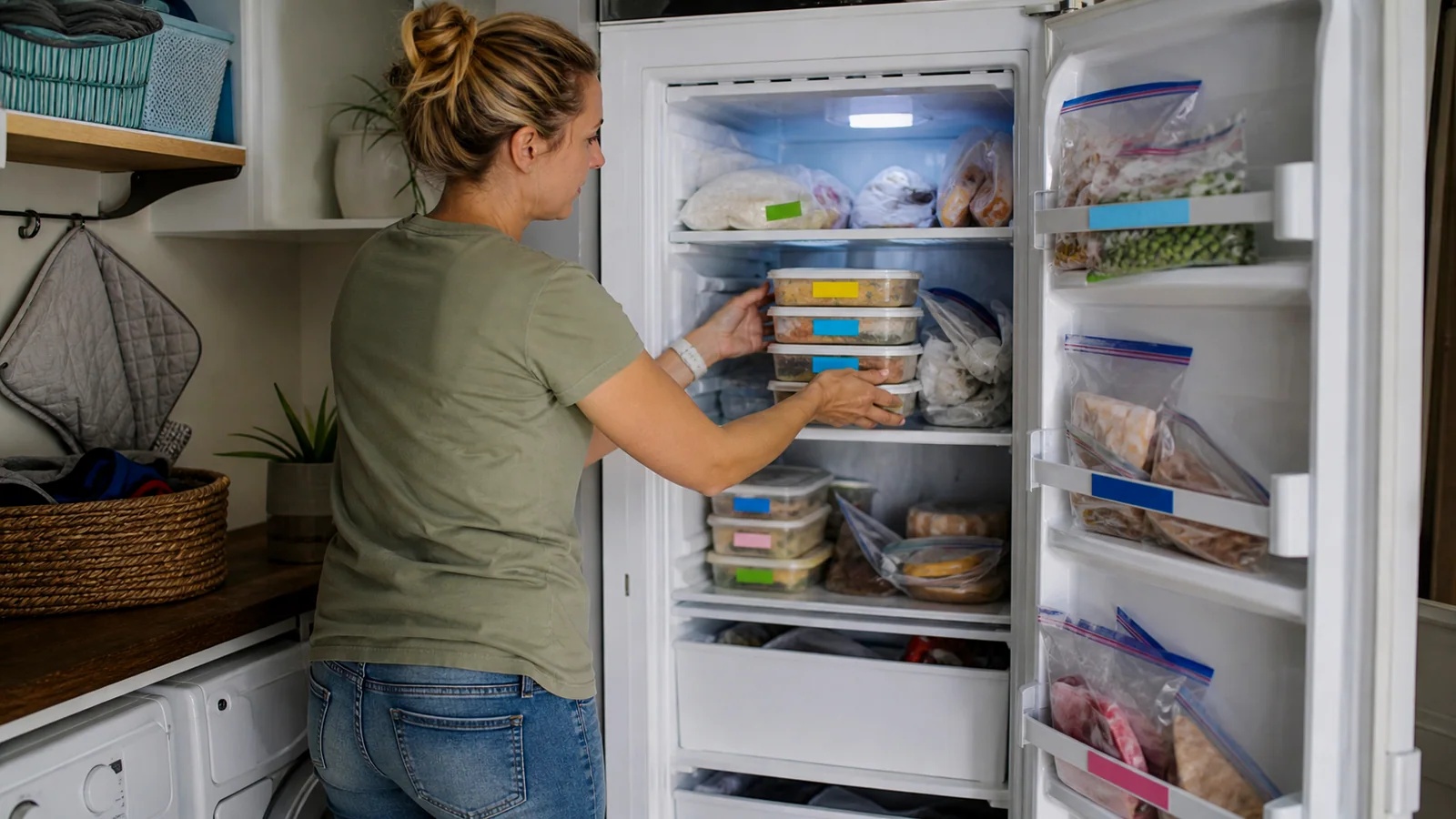 Parent organizing labeled meal containers in an upright freezer