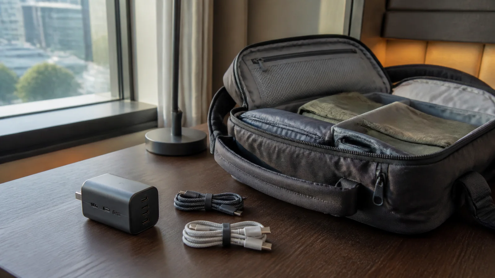 Compact USB-C charger and cables arranged beside a travel bag