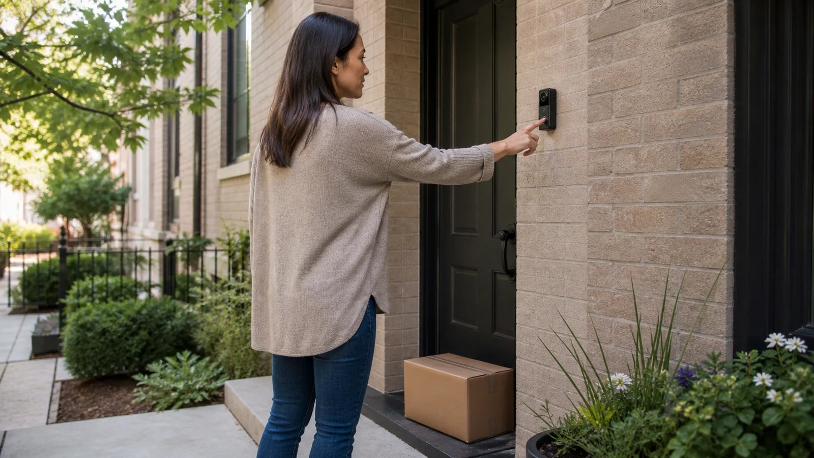 Resident checking a video doorbell at a townhome entrance