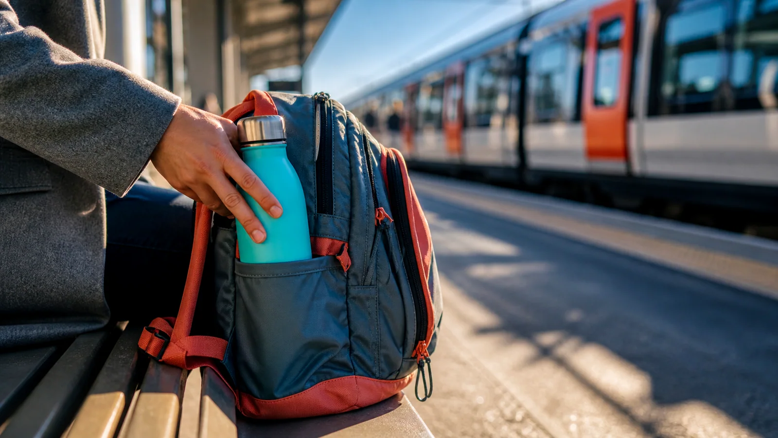 Reusable water bottle beside a commuter backpack on a train